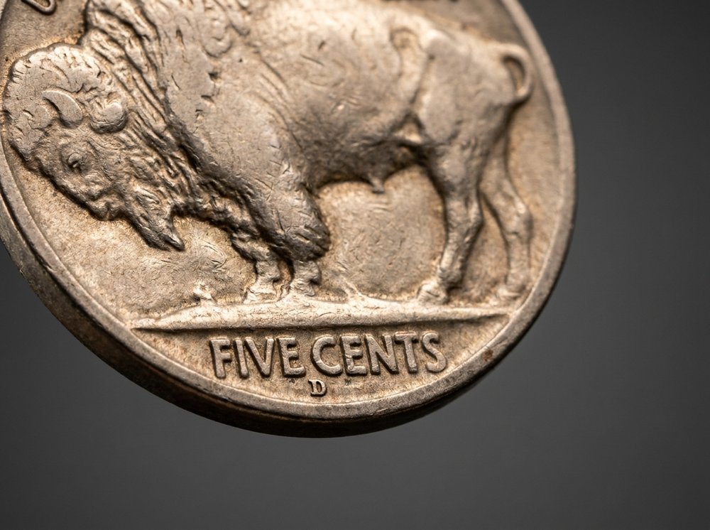 Close-up of mintmark location below FIVE CENTS on a Buffalo nickel reverse, copper-nickel alloy