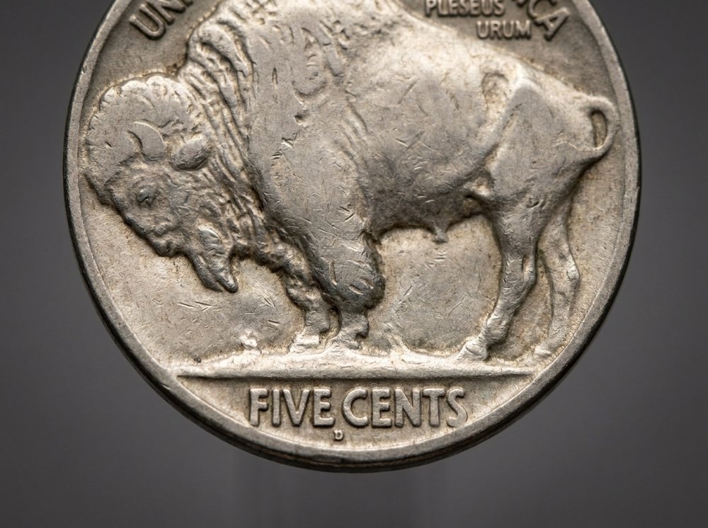 1937-D 3-Legged Buffalo nickel reverse showing missing front leg on the bison, nickel alloy coin