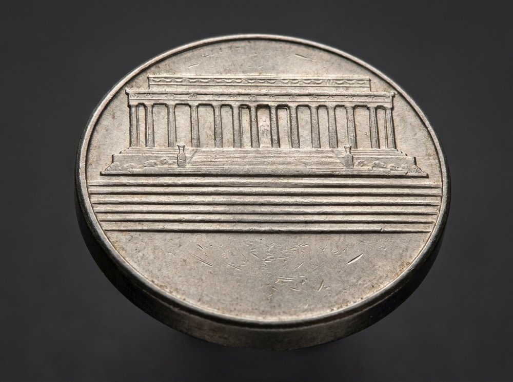 Jefferson nickel reverse with full six steps on Monticello, silver wartime alloy coin